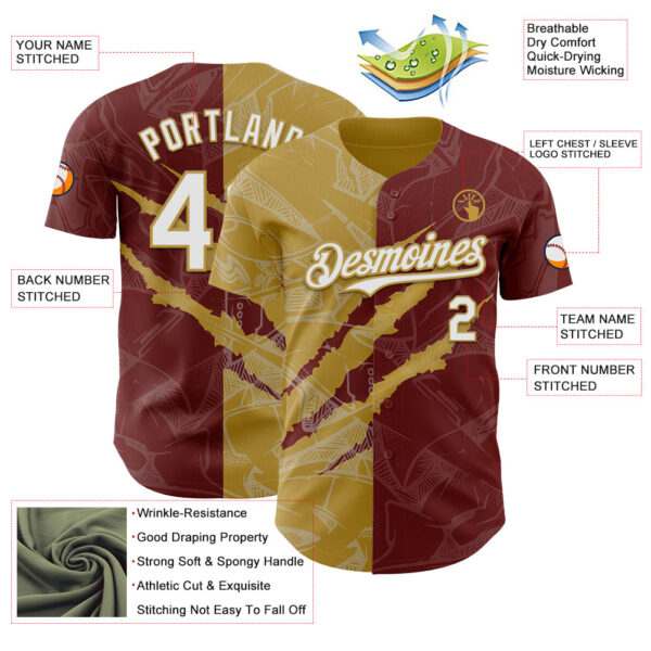 Custom Graffiti Pattern White Burgundy-Old Gold 3D Scratch Authentic Baseball Jersey