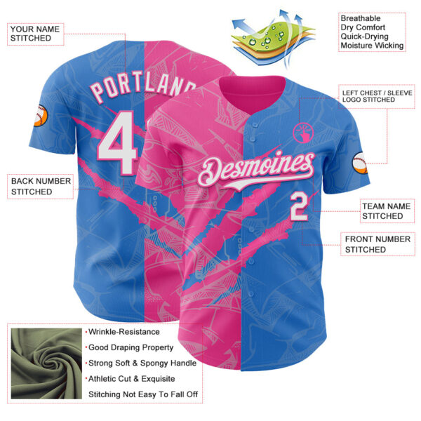 Custom Graffiti Pattern White Electric Blue-Pink 3D Scratch Authentic Baseball Jersey