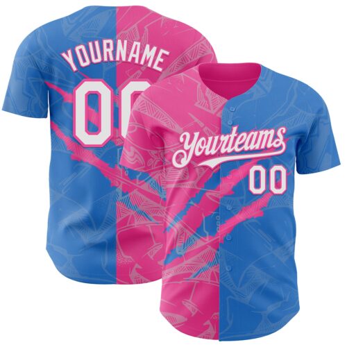 GraffitiP0527 Custom Graffiti Pattern White Electric Blue-Pink 3D Scratch Authentic Baseball Jersey