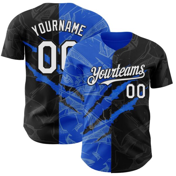 Custom Graffiti Pattern White Black-Thunder Blue 3D Scratch Authentic Baseball Jersey
