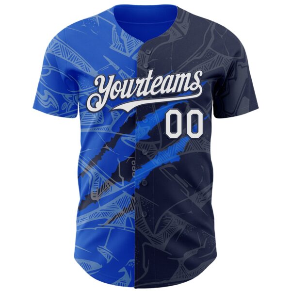 Custom Graffiti Pattern White Navy-Thunder Blue 3D Scratch Authentic Baseball Jersey