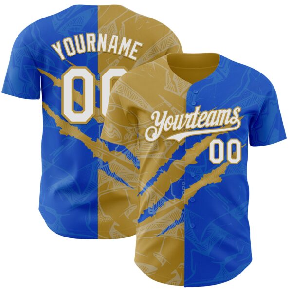 Custom Graffiti Pattern White Thunder Blue-Old Gold 3D Scratch Authentic Baseball Jersey