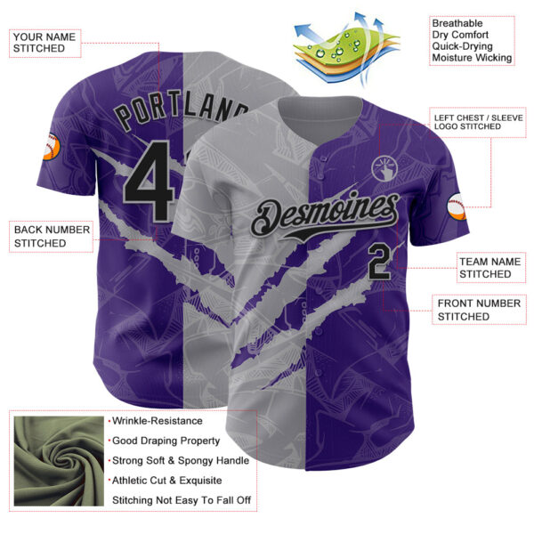 Custom Graffiti Pattern Black Purple-Gray 3D Scratch Authentic Baseball Jersey