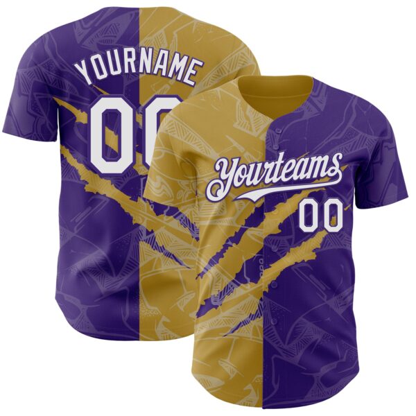 Custom Graffiti Pattern White Purple-Old Gold 3D Scratch Authentic Baseball Jersey