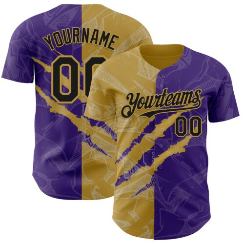 Custom Graffiti Pattern Black Purple-Old Gold 3D Scratch Authentic Baseball Jersey