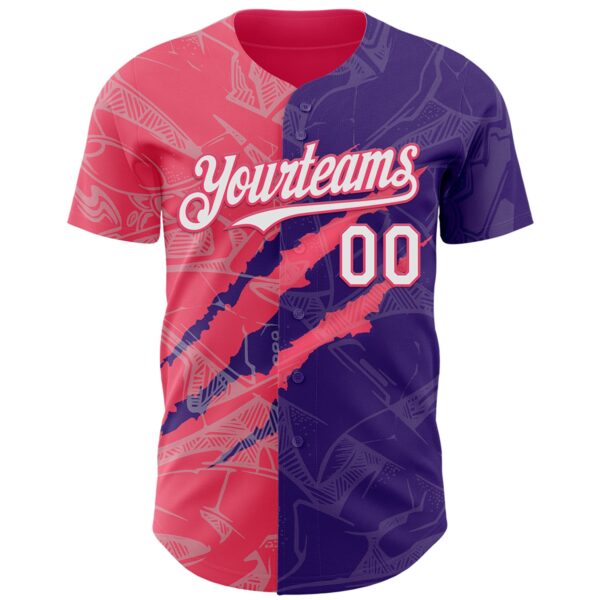 Custom Graffiti Pattern White Purple-Neon Pink 3D Scratch Authentic Baseball Jersey