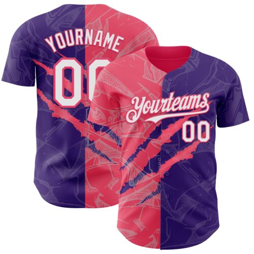 Custom Graffiti Pattern White Purple-Neon Pink 3D Scratch Authentic Baseball Jersey