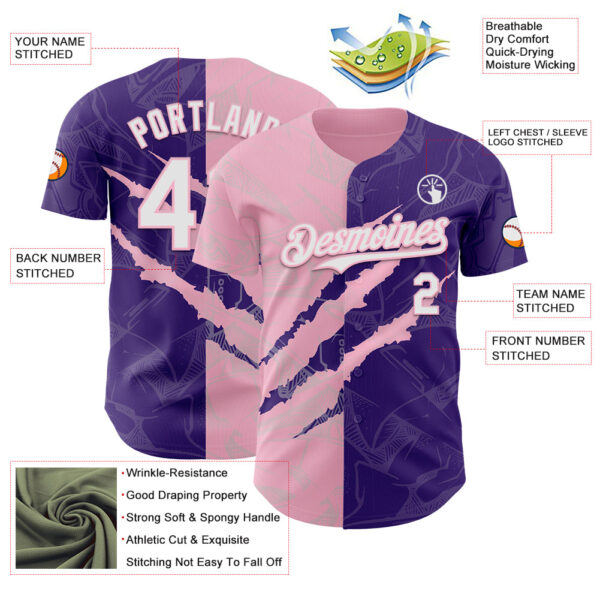 Custom Graffiti Pattern White Purple-Light Pink 3D Scratch Authentic Baseball Jersey