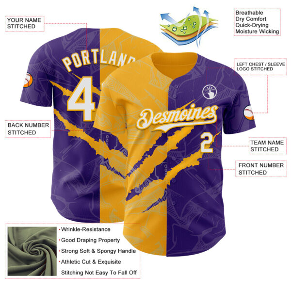 Custom Graffiti Pattern White Purple-Gold 3D Scratch Authentic Baseball Jersey
