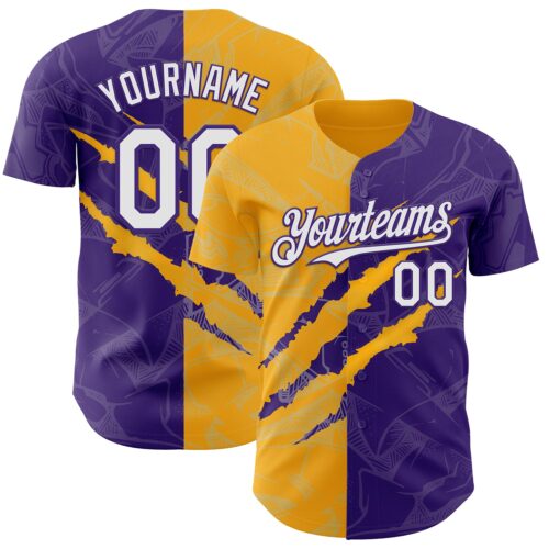 Custom Graffiti Pattern White Purple-Gold 3D Scratch Authentic Baseball Jersey