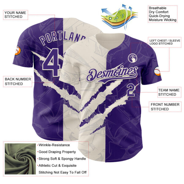 Custom Graffiti Pattern Purple-Cream 3D Scratch Authentic Baseball Jersey
