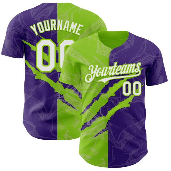 Custom Graffiti Pattern White Purple-Neon Green 3D Scratch Authentic Baseball Jersey