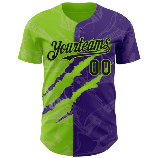 Custom Graffiti Pattern Black Purple-Neon Green 3D Scratch Authentic Baseball Jersey