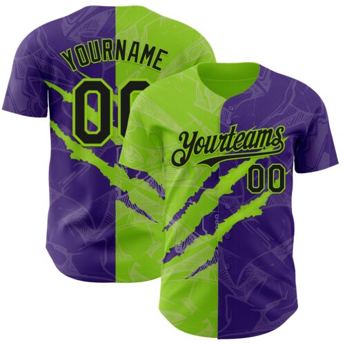 Custom Graffiti Pattern Black Purple-Neon Green 3D Scratch Authentic Baseball Jersey