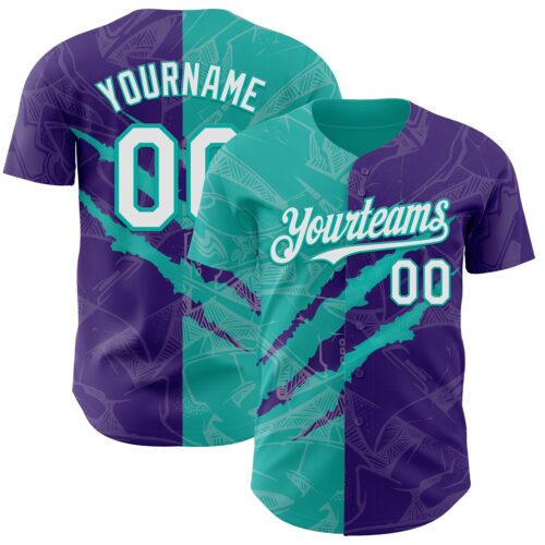 Custom Graffiti Pattern White Purple-Aqua 3D Scratch Authentic Baseball Jersey