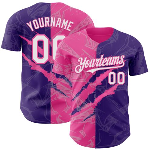 Custom Graffiti Pattern White Purple-Pink 3D Scratch Authentic Baseball Jersey