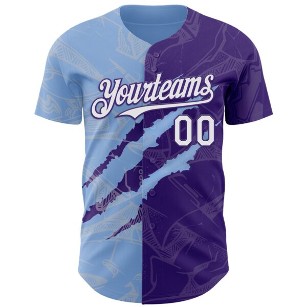 Custom Graffiti Pattern White Purple-Light Blue 3D Scratch Authentic Baseball Jersey