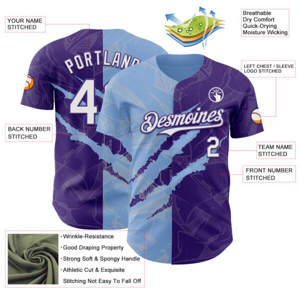 Custom Graffiti Pattern White Purple-Light Blue 3D Scratch Authentic Baseball Jersey