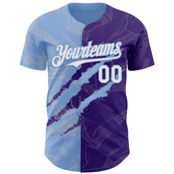 Custom Graffiti Pattern White Purple-Light Blue 3D Scratch Authentic Baseball Jersey
