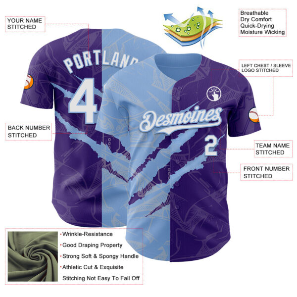 Custom Graffiti Pattern White Purple-Light Blue 3D Scratch Authentic Baseball Jersey
