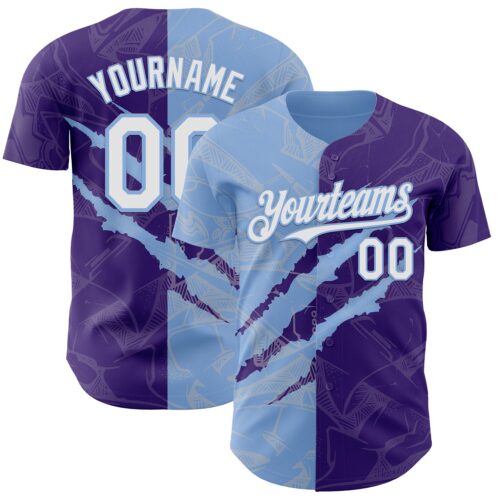 Custom Graffiti Pattern White Purple-Light Blue 3D Scratch Authentic Baseball Jersey