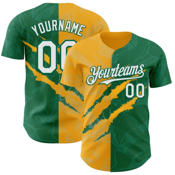 Custom Graffiti Pattern White Kelly Green-Gold 3D Scratch Authentic Baseball Jersey