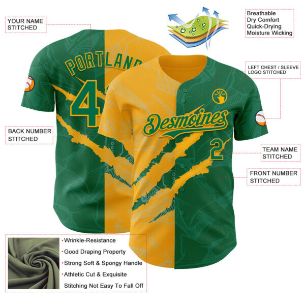 Custom Graffiti Pattern Kelly Green-Gold 3D Scratch Authentic Baseball Jersey