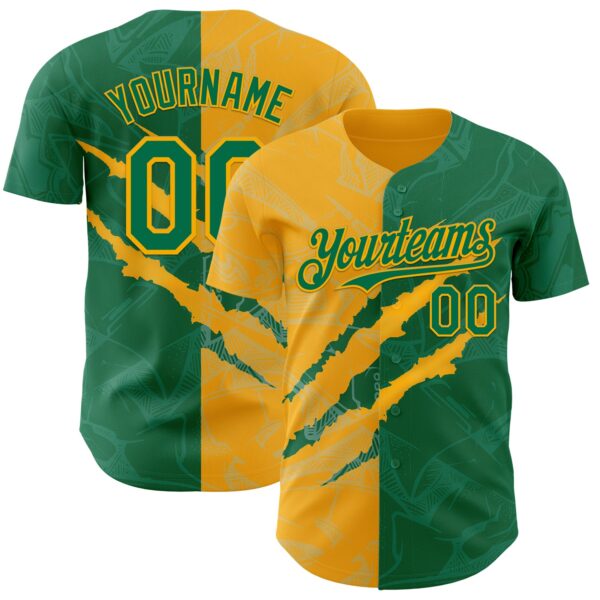 Custom Graffiti Pattern Kelly Green-Gold 3D Scratch Authentic Baseball Jersey