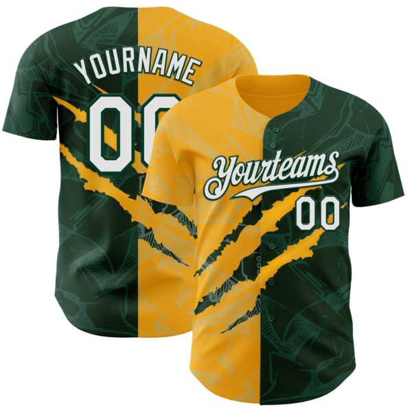 Custom Graffiti Pattern White Green-Gold 3D Scratch Authentic Baseball Jersey