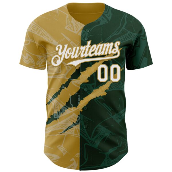 Custom Graffiti Pattern White Green-Old Gold 3D Scratch Authentic Baseball Jersey