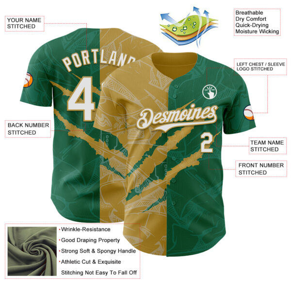 Custom Graffiti Pattern White Kelly Green-Old Gold 3D Scratch Authentic Baseball Jersey
