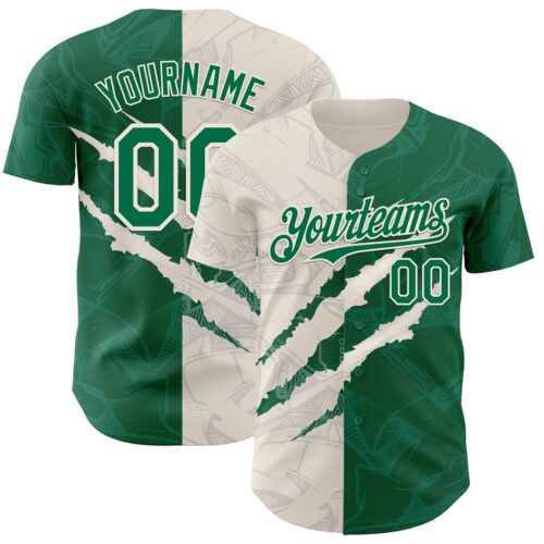 Custom Graffiti Pattern Kelly Green-Cream 3D Scratch Authentic Baseball Jersey