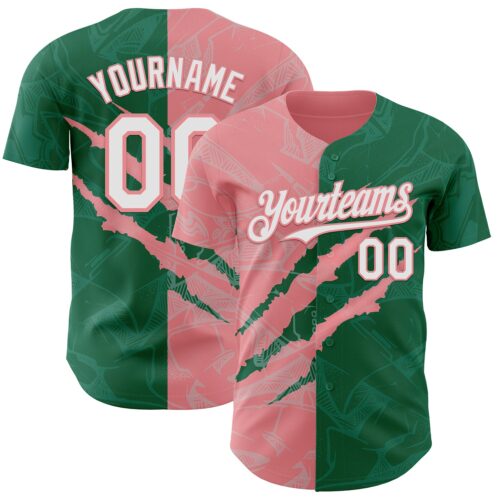 GraffitiP0586 Custom Graffiti Pattern White Kelly Green-Medium Pink 3D Scratch Authentic Baseball Jersey