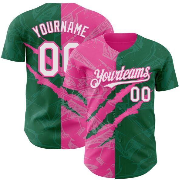 Custom Graffiti Pattern White Kelly Green-Pink 3D Scratch Authentic Baseball Jersey