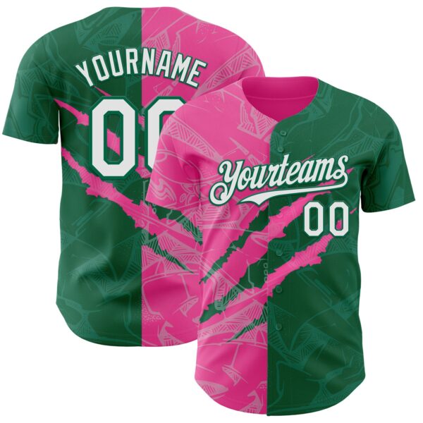Custom Graffiti Pattern White Kelly Green-Pink 3D Scratch Authentic Baseball Jersey