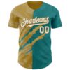 Custom Graffiti Pattern White Teal-Old Gold 3D Scratch Authentic Baseball Jersey