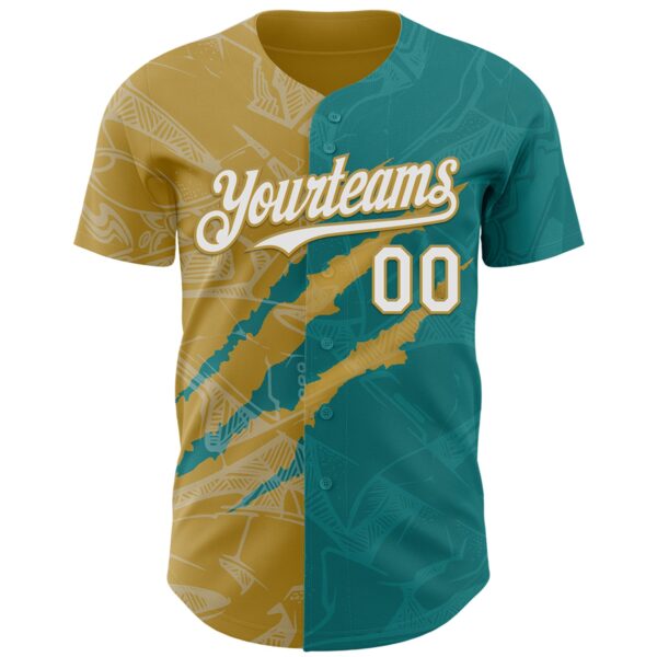 Custom Graffiti Pattern White Teal-Old Gold 3D Scratch Authentic Baseball Jersey