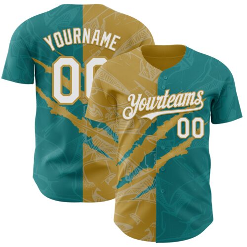 GraffitiP0590 Custom Graffiti Pattern White Teal-Old Gold 3D Scratch Authentic Baseball Jersey