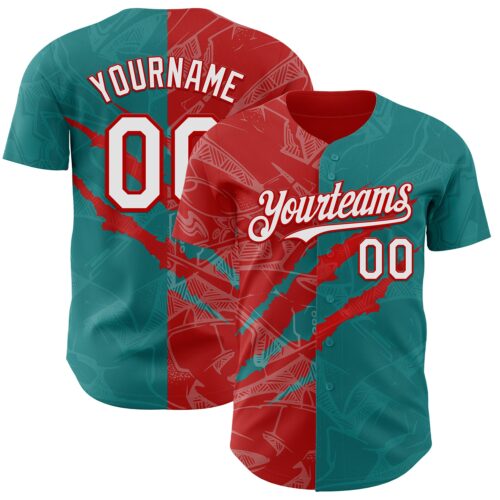 GraffitiP0591 Custom Graffiti Pattern White Teal-Red 3D Scratch Authentic Baseball Jersey