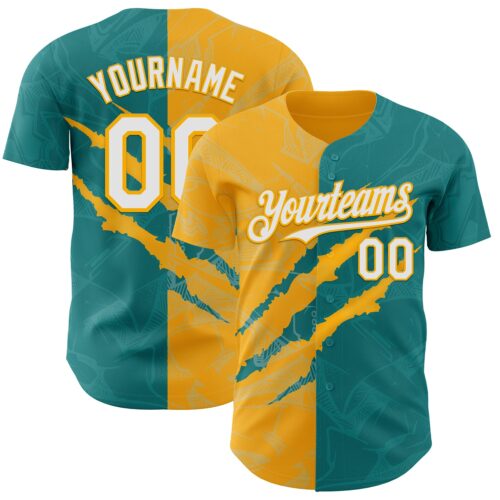 GraffitiP0592 Custom Graffiti Pattern White Teal-Gold 3D Scratch Authentic Baseball Jersey
