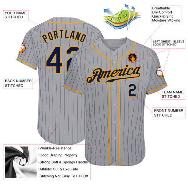 Custom Gray Navy Pinstripe Navy-Gold Authentic Baseball Jersey