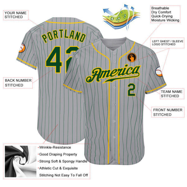 Custom Gray Green Pinstripe Green-Gold Authentic Baseball Jersey