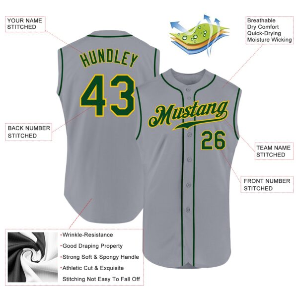 Custom Gray Green-Gold Authentic Sleeveless Baseball Jersey
