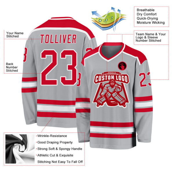 Custom Gray Red-White Hockey Jersey