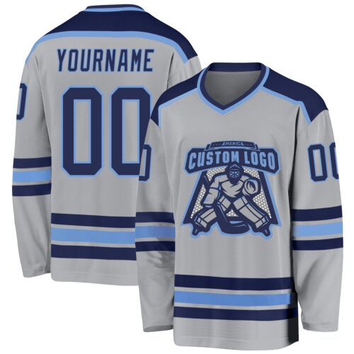 Gray0364 Custom Gray Navy-Light Blue Hockey Jersey