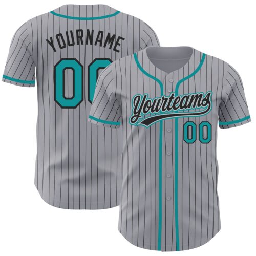 Gray0488 Custom Gray Black Pinstripe Teal Authentic Baseball Jersey