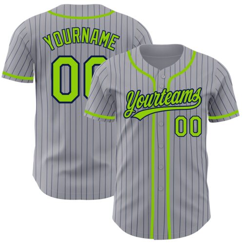 Gray0495 Custom Gray Navy Pinstripe Neon Green Authentic Baseball Jersey