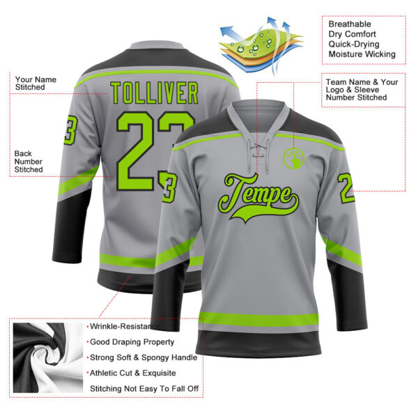 Custom Gray Neon Green-Black Hockey Lace Neck Jersey