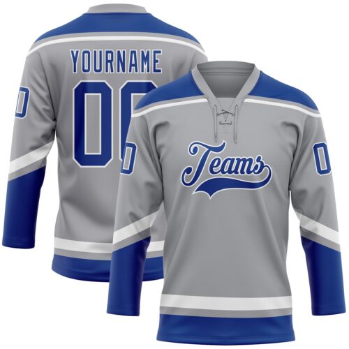 Gray0608 Custom Gray Royal-White Hockey Lace Neck Jersey
