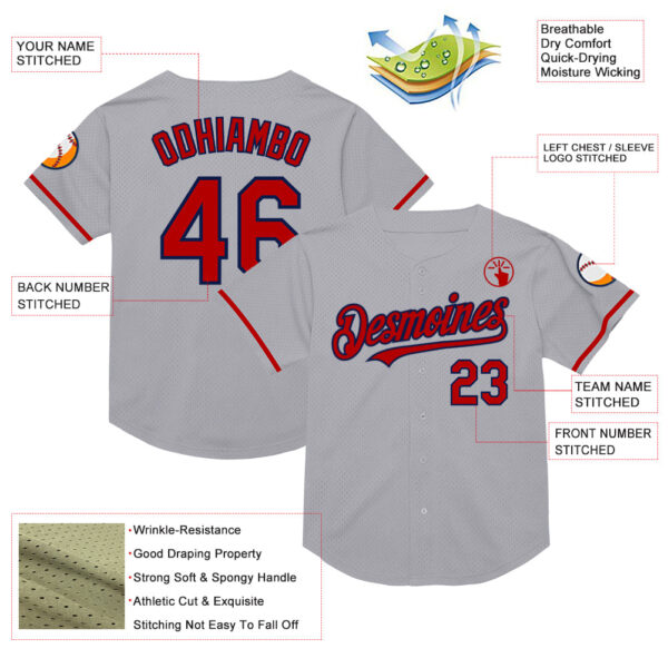 Custom Gray Red-Navy Mesh Authentic Throwback Baseball Jersey